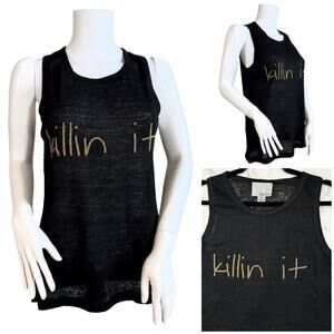 Chloe Oliver Black Linen Gold Beaded Killin It Tank SZ M $99